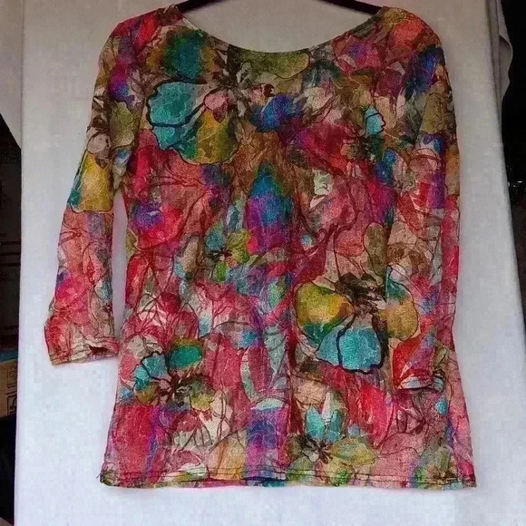 Womens L sheer flower watercolor colorful mesh top with built in black tank - Picture 2 of 4